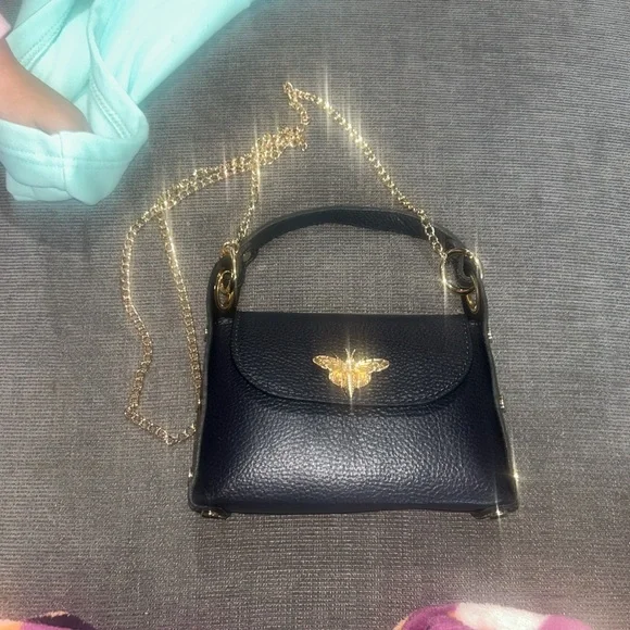 Vera Pelle Navy Little Bee” Bag in Genuine Leather Made in Italy NWOT - Picture 2 of 8